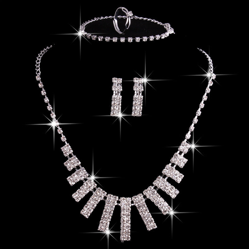 4 Pieces Rhinestones Necklace Set With Earrings Ring And Bracelet
