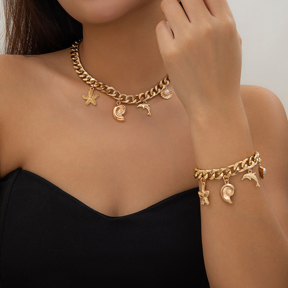 Creative Boho Conch Dolphin Starfish Pendant Choker Necklace Bracelets